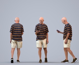 00393_James004 Senior Caucasian man walking outdoors with smartphone in casual summer attire