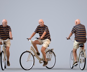 00393_James011 Senior Caucasian man riding bicycle in casual summer attire for urban planning