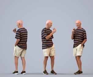 00393_James007 Senior Caucasian man standing casually drinking coffee in summer attire