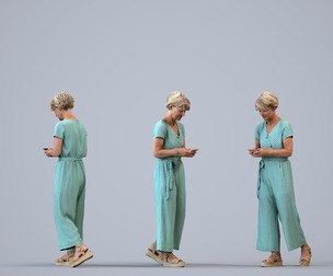 00394_Julie008 Senior Caucasian woman walking publicly in casual summer attire with smartphone