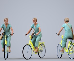 00394_Julie001 Senior Caucasian woman cycling with bag in casual summer attire