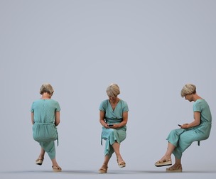 00394_Julie012 Senior Caucasian woman sitting in public space with smartphone, summer casual attire