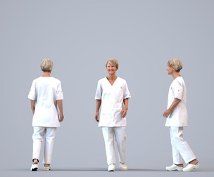 00395_Julie004 Adult Caucasian woman walking in medical facility wearing summer scrubs