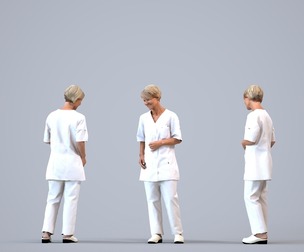 00395_Julie009 Senior Caucasian woman waiting in medical facility wearing healthcare uniform