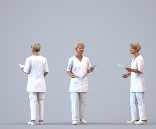 00395_Julie006 Senior Caucasian woman talking in medical facility wearing summer scrubs
