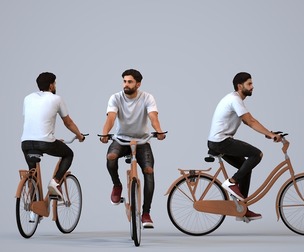 00397_Simon012 Adult Middle Eastern man cycling through public space in casual summer attire