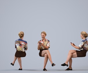 00402_Mila014 Adult Caucasian woman sitting in public space with smartphone, summer casual