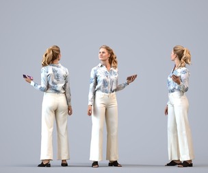 00404_Mila005 Adult Caucasian woman standing in public space with smartphone, summer casual attire