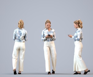 00404_Mila009 Adult Caucasian woman standing in public space with smartphone, transitional attire