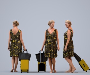 00410_Noelle008 Adult Caucasian woman waiting with suitcase in casual summer travel attire