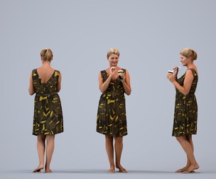 00410_Noelle005 Adult Caucasian woman drinking coffee at home in casual summer clothing