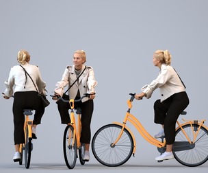 00413_Jane001 Adult Caucasian woman cycling publicly with bag in transitional seasonal attire