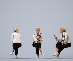 00413_Jane009 Adult Caucasian woman sitting publicly with smartphone in transitional seasonal