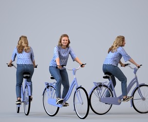 00415_Christina001 Adult Caucasian woman cycling through public space in casual summer attire