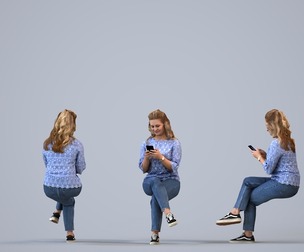 00415_Christina015 Adult Caucasian woman sitting in public space with smartphone, summer casual