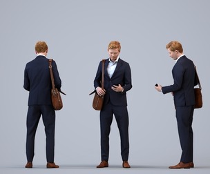 00416_Wim003 Adult Caucasian man standing in office with smartphone and bag