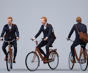 00416_Wim001 Adult Caucasian man cycling through public space in business attire