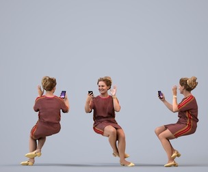 00419_Christine013 Adult Caucasian woman sitting in public space with smartphone, summer casual