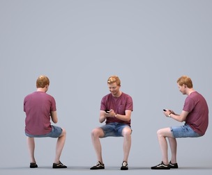 00420_Wim014 Adult Caucasian male sitting in public space with smartphone, summer casual