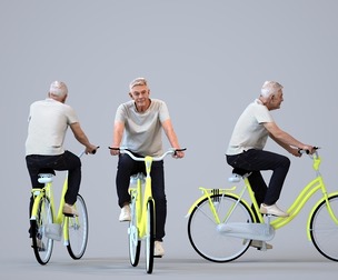 00428_Enzo006 Senior Caucasian man riding bicycle in casual summer attire for public spaces