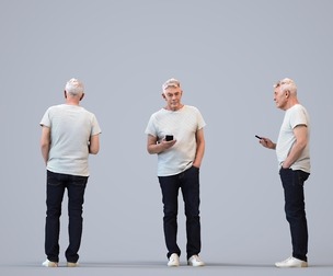 00428_Enzo003 Senior Caucasian man standing in public space with smartphone, summer casual