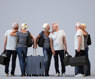 00428_Enzo008 Senior Caucasian couple standing together with travel bags in summer attire