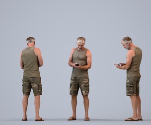 00445_Adler005 Adult Caucasian man standing in public space with smartphone, summer casual attire
