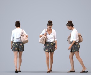 00446_Zoe009 Adult Caucasian woman walking through public space with bag, summer casual attire