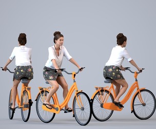 00446_Zoe014 Adult Caucasian woman cycling through public space in casual summer attire