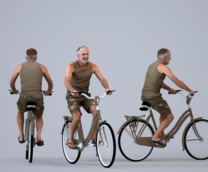 00447_Adler001 Adult Caucasian man cycling through public space in summer casual attire