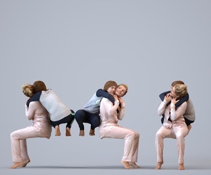 00455_Kyrsten015 Adult Caucasian figures crouching together at home in transitional seasonal