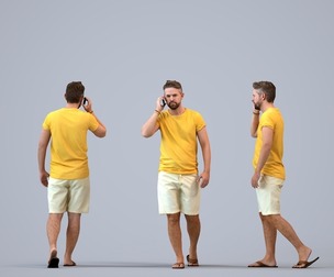 00456_Nickolas006 Adult Caucasian man walking while calling, smartphone in hand, summer attire