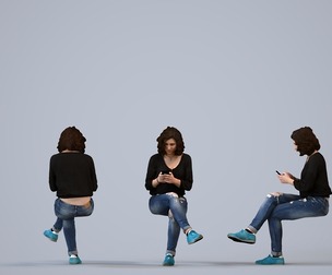 00466_Gloria009 Adult Caucasian woman sitting in public space with smartphone, transitional attire