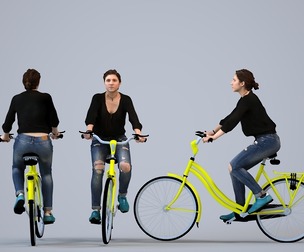 00466_Gloria021 Adult Caucasian woman cycling in public space wearing transitional seasonal clothing