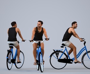 00471_Xavier009 Adult Caucasian man cycling through public space in casual summer attire