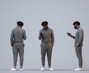 00477_Aaron008 Adult Black male standing at home with smartphone in transitional seasonal clothing