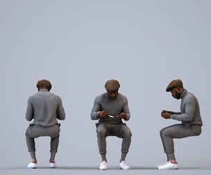 00477_Aaron012 Adult Black man sitting casually at home eating with transitional seasonal clothing