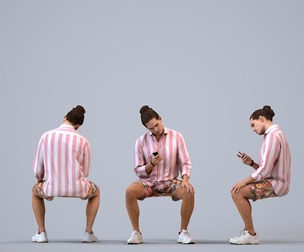 00491_Mateo006 Adult Caucasian man sitting at home using smartphone in casual summer attire