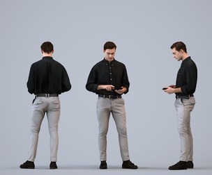 00519_Gael005 Adult Caucasian man standing casually with smartphone in transitional seasonal