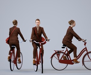 00520_Vivan001 Adult Caucasian woman cycling in business attire with bag, autumn or spring