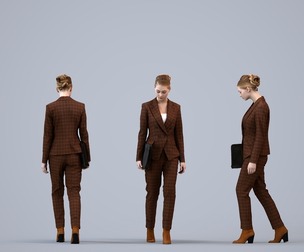 00520_Vivan006 Adult Caucasian woman walking through office in autumn business attire, carrying
