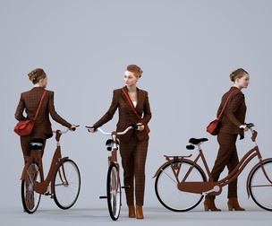 00520_Vivan002 Adult Caucasian woman commuting with bicycle and bag in transitional seasonal attire