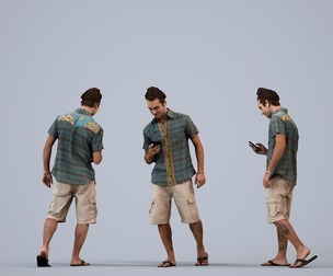 00525_Carlos005 Adult Caucasian man walking outdoors with smartphone in summer casual wear