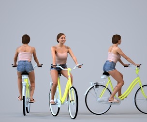 00526_Eva002 Adult Caucasian woman riding bicycle in casual summer attire for urban scenes