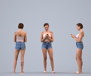 00526_Eva005 Adult Caucasian woman standing in public space with smartphone, summer casual