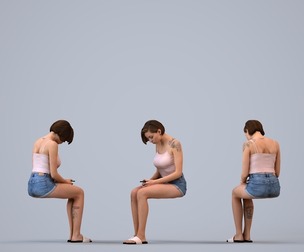 00526_Eva007 Adult Caucasian woman sitting in public space with smartphone, summer casual