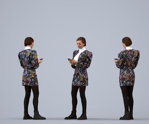 00532_Eva005 Adult Caucasian woman standing in public space with smartphone, transitional attire
