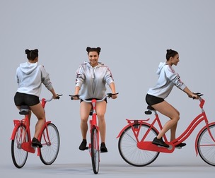 00537_Helen001 Adult Indian woman cycling through public space in transitional seasonal attire