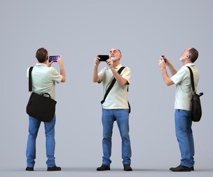 00550_Anthony006 Senior Caucasian man taking photo outdoors with smartphone and bag