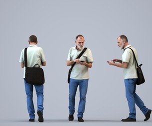 00550_Anthony004 Senior Caucasian man walking outdoors with smartphone and bag, summer casual